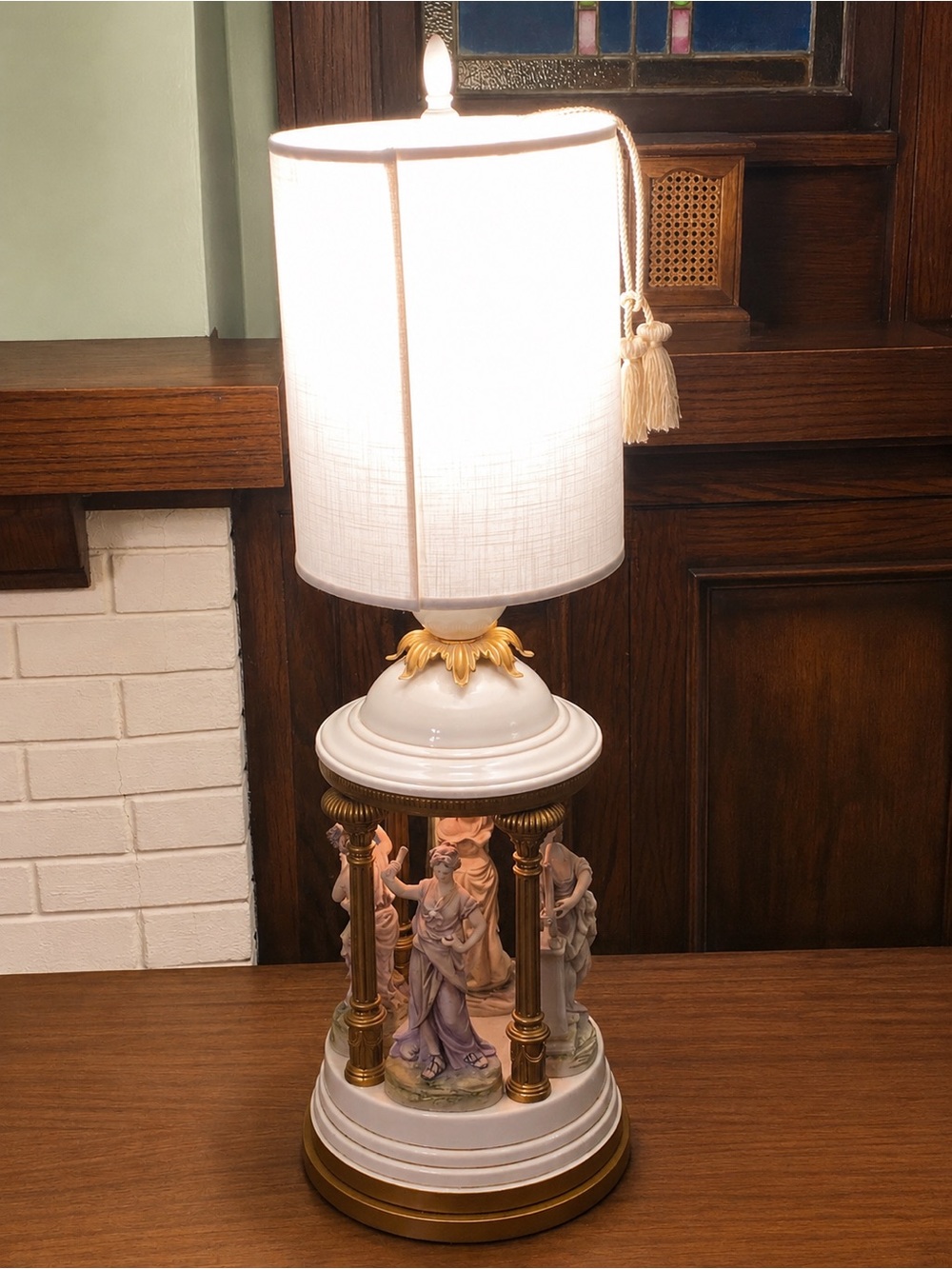 Elegant White and Gold Porcelain Table Lamp with Figurines